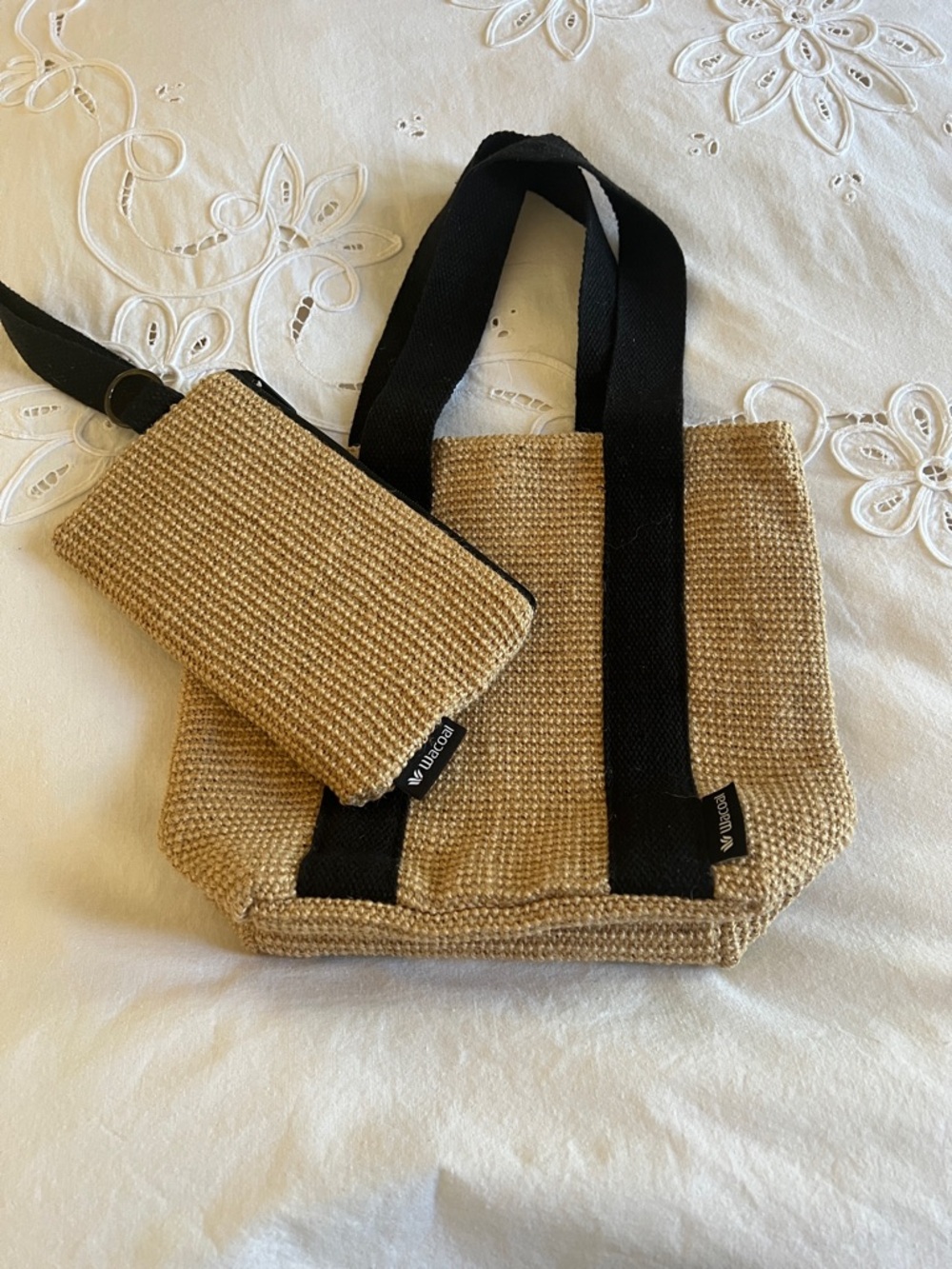 Wacoal Natural Straw Tote with Black Straps and Matching Pouch